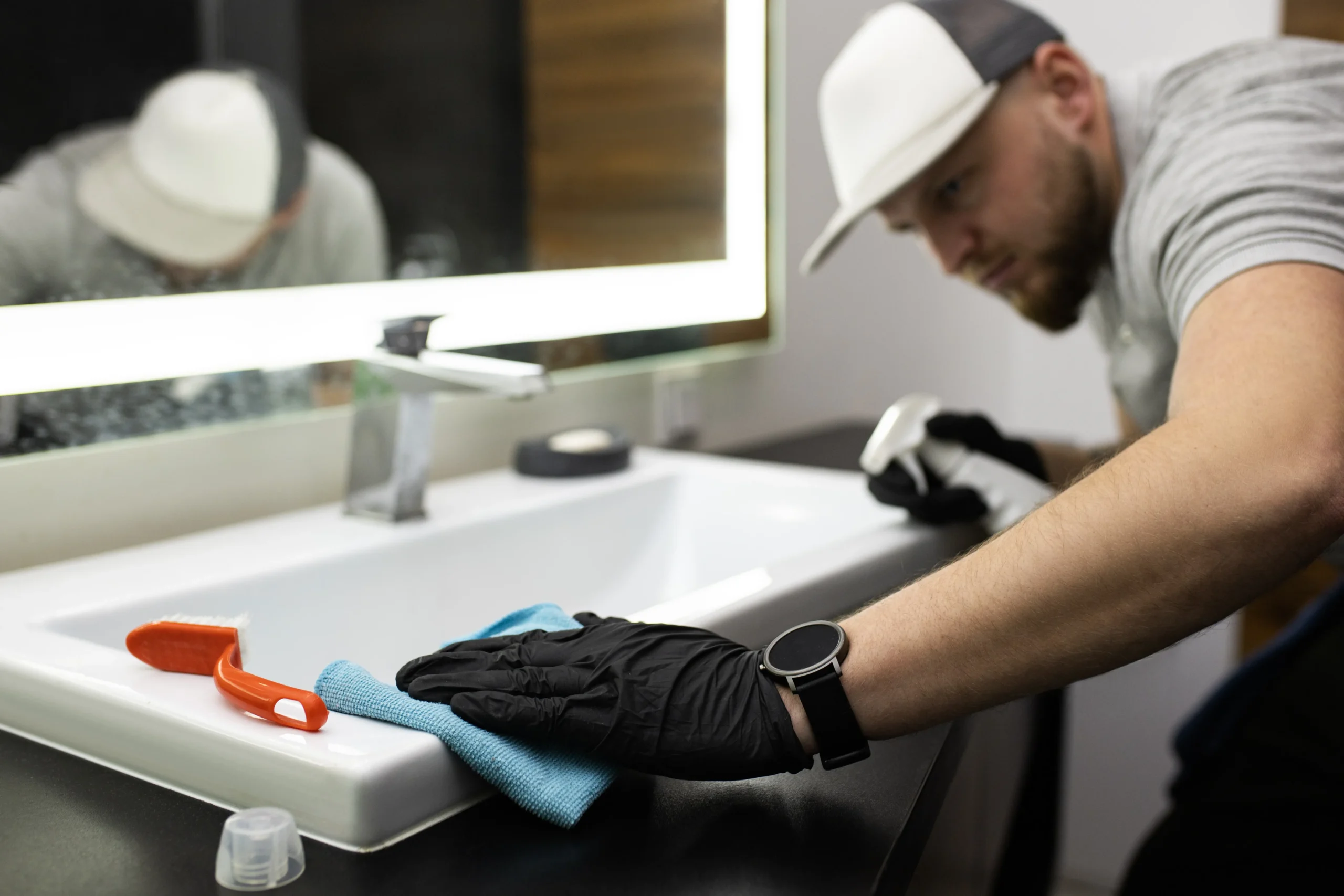 otel room attendant cleaning bathroom to professional standards — Team Plus Hotel Staffing Solutions Miami